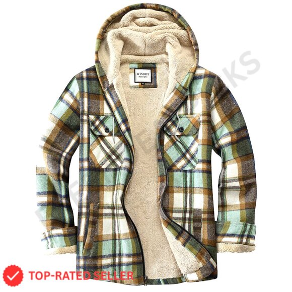 Sherpa Lined Fleece Jacket Plaid Full Zip Hooded Casual Loose Fit Women's